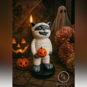 Mummy Cat Halloween Figurine Gray Kitty Pumpkin Resin Statue NWT